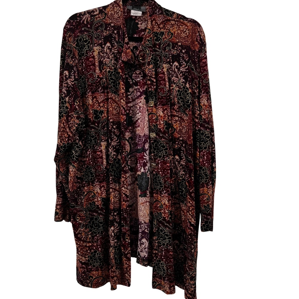 Slinky Brand Womens‎ 3X Burgundy Paisley Floral Gold Metallic Longline Cardigan